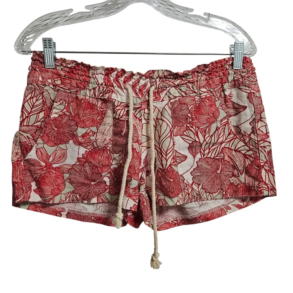 Roxy Linen Blend Shorts Womens Small Red Floral Paperbag Waist Rope Drawstring